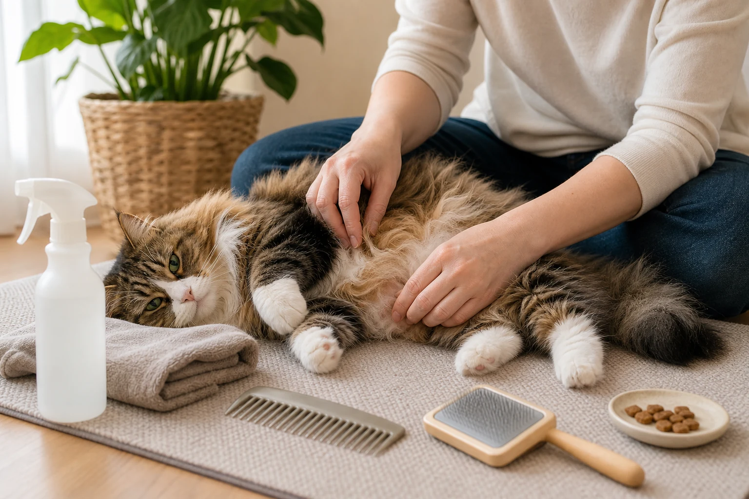 A relaxed longhaired cat lies on a grooming mat beside a wide-tooth comb, soft brush, towel, treats, and spray bottle.