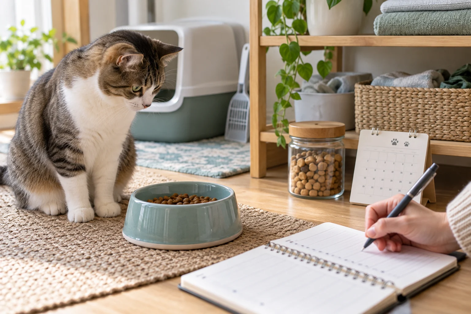 A calm cat watches a food bowl while a cat parent writes in a blank feeding notebook near a treat jar and clean litter supplies.