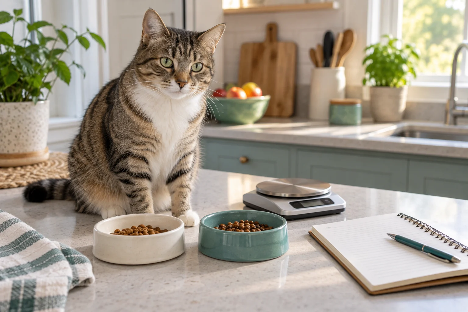 A tabby cat sits beside two measured food bowls, a kitchen scale, and a blank feeding log notebook on a sunny kitchen counter.