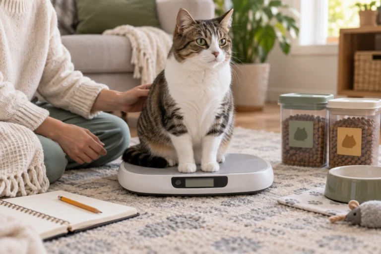 A relaxed tabby cat sits on a low digital pet scale beside a blank notebook and two unbranded food containers.