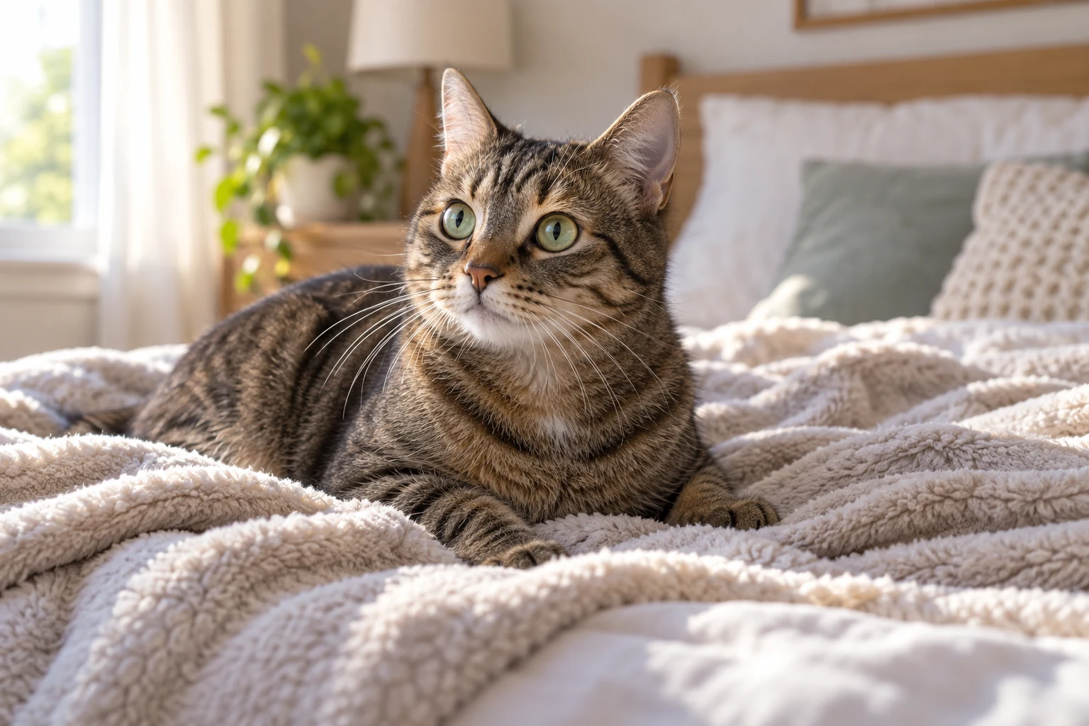 Alert tabby cat lying on a soft bedroom blanket after waking suddenly from sleep.