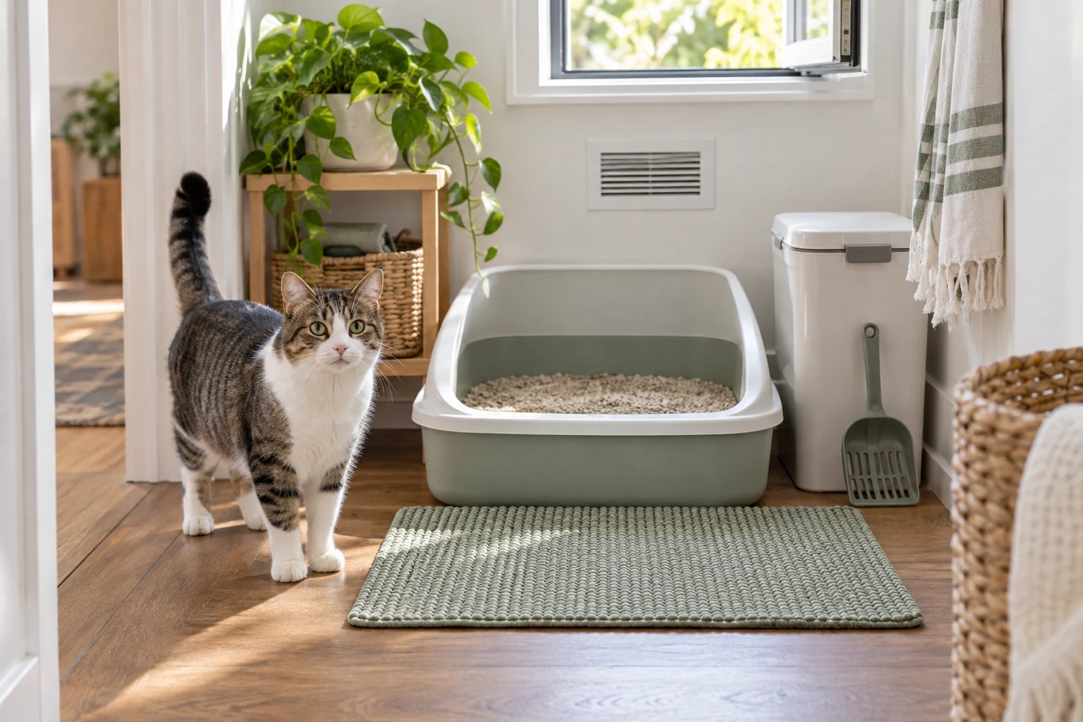 Relaxed tabby cat beside a clean open litter box, washable mat, sealed waste bin, scoop, and fresh airflow from a nearby window.