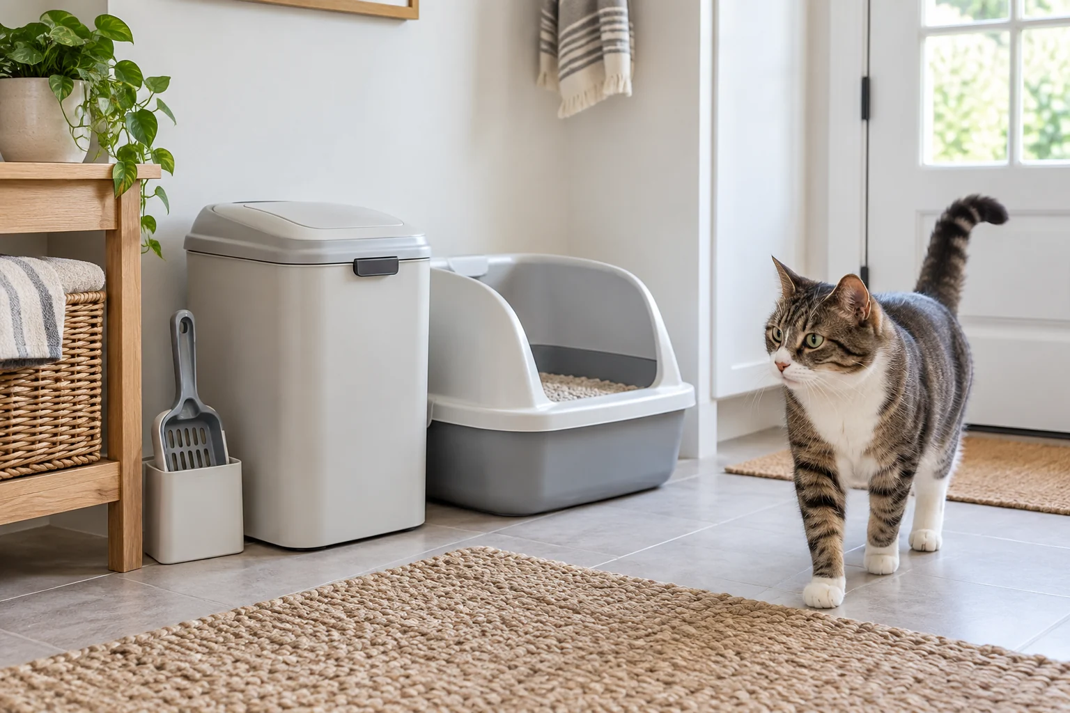 Clean home litter area with a sealed cat litter waste bin, scoop holder, litter box, and tabby cat nearby.