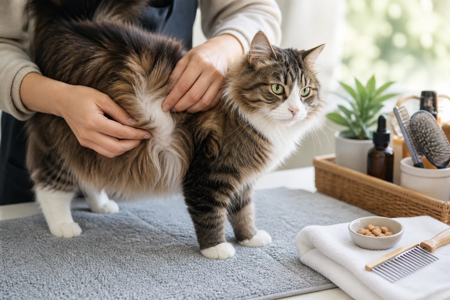 A calm longhaired cat stands on a soft grooming mat while a person gently checks the armpit and belly fur.