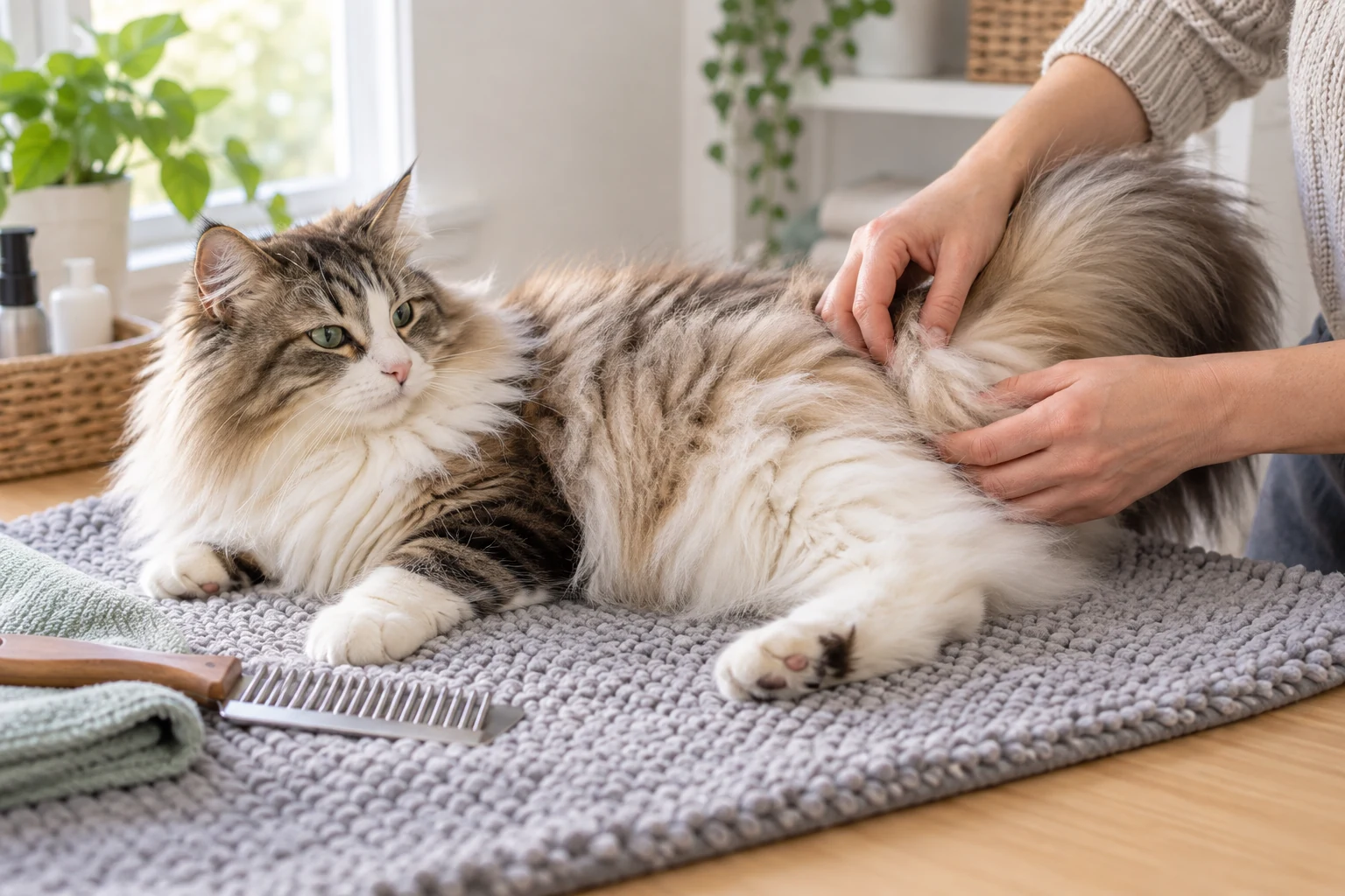 A calm longhaired cat rests on a grooming mat while a person gently checks the fur around the back legs and tail base.