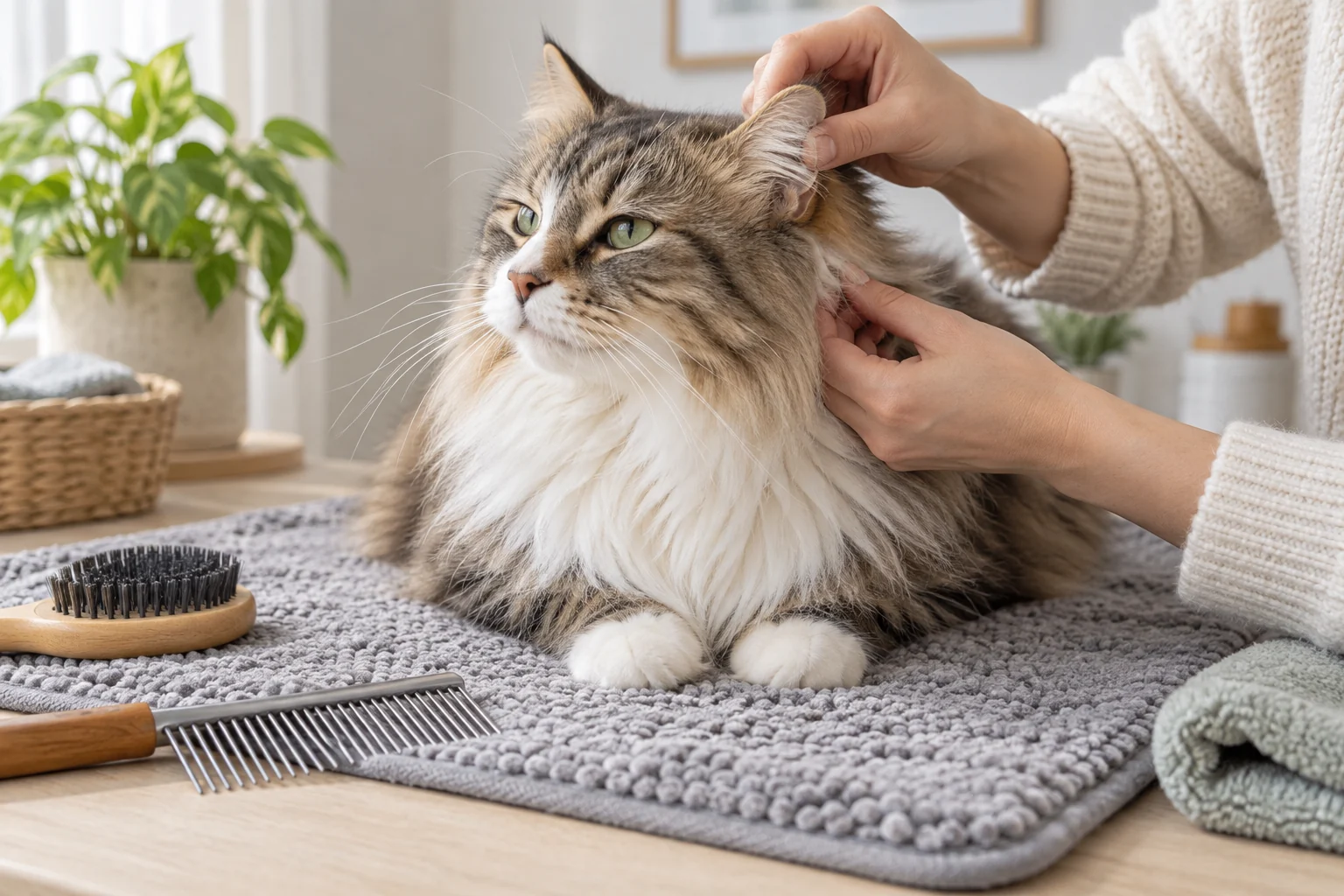 A calm longhaired cat rests on a grooming mat while a person gently checks the fur behind one ear and along the collar area.
