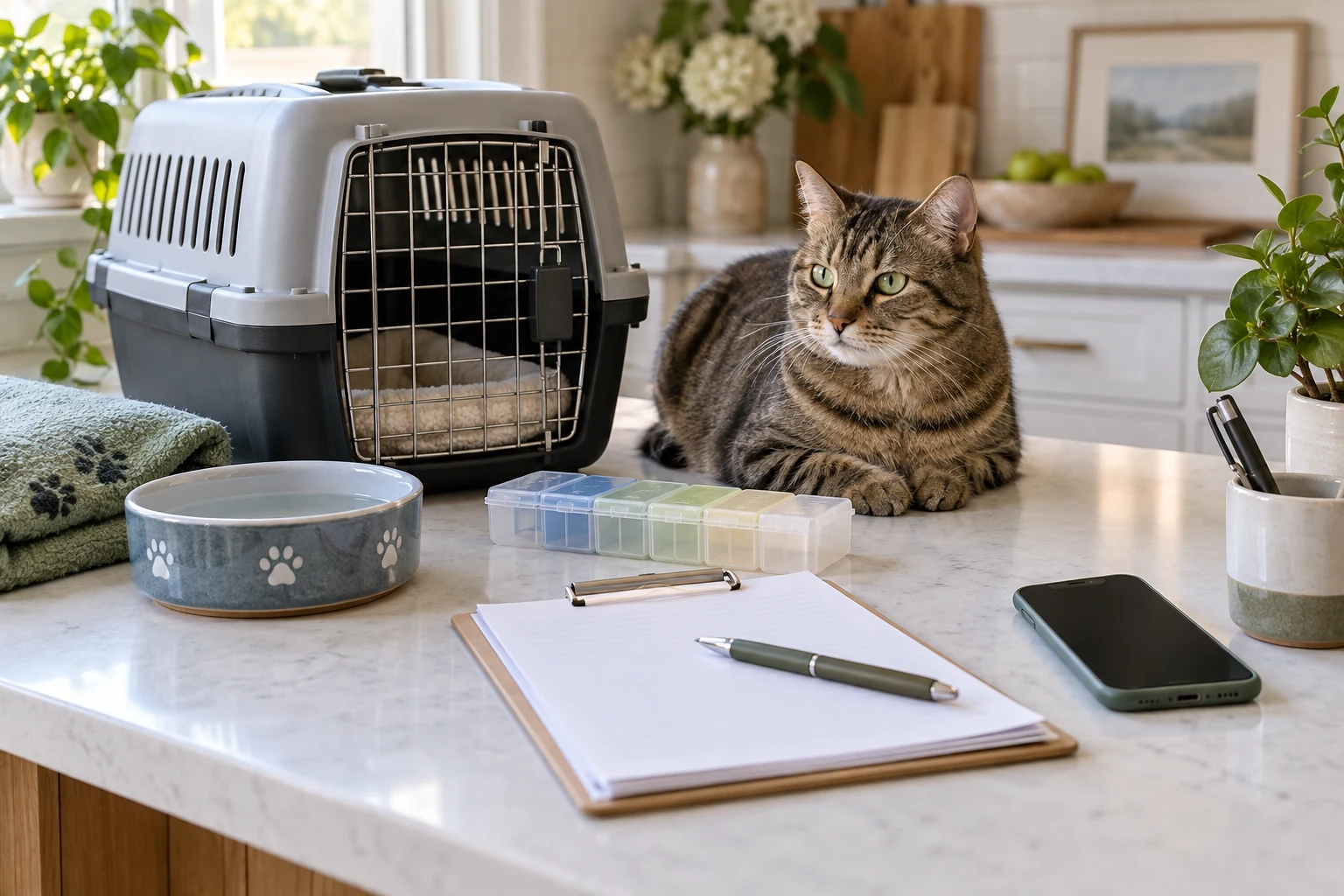 A relaxed tabby cat rests near a carrier, water bowl, medication organizer, blank checklist, pen, and phone.