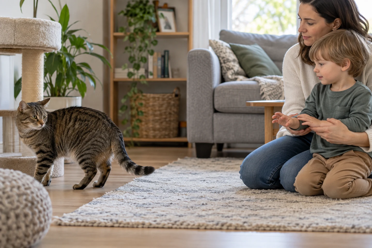A tabby cat turns away while a parent gently keeps a preschool child's hands back at a respectful distance.