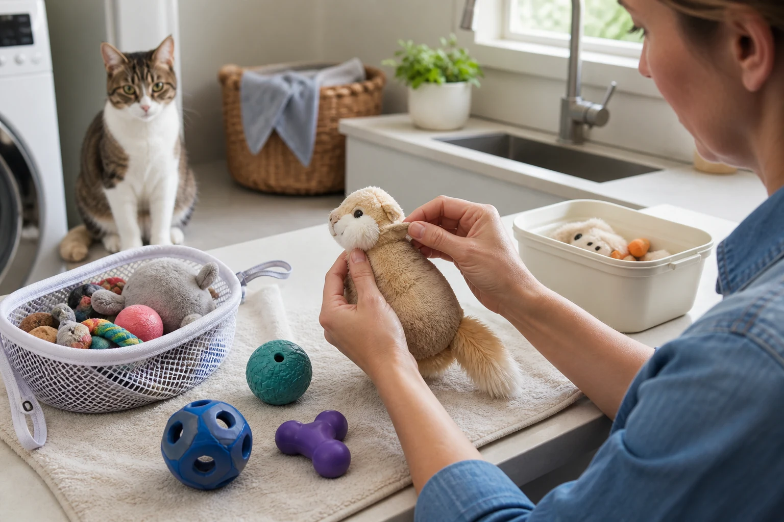 Caregiver checking the seam of a plush cat toy beside washable hard toys and a mesh laundry bag.