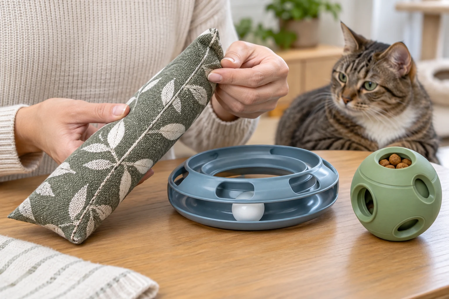 Caregiver checking the stitching on a large fabric cat kicker beside a track ball and washable treat puzzle while a cat watches.