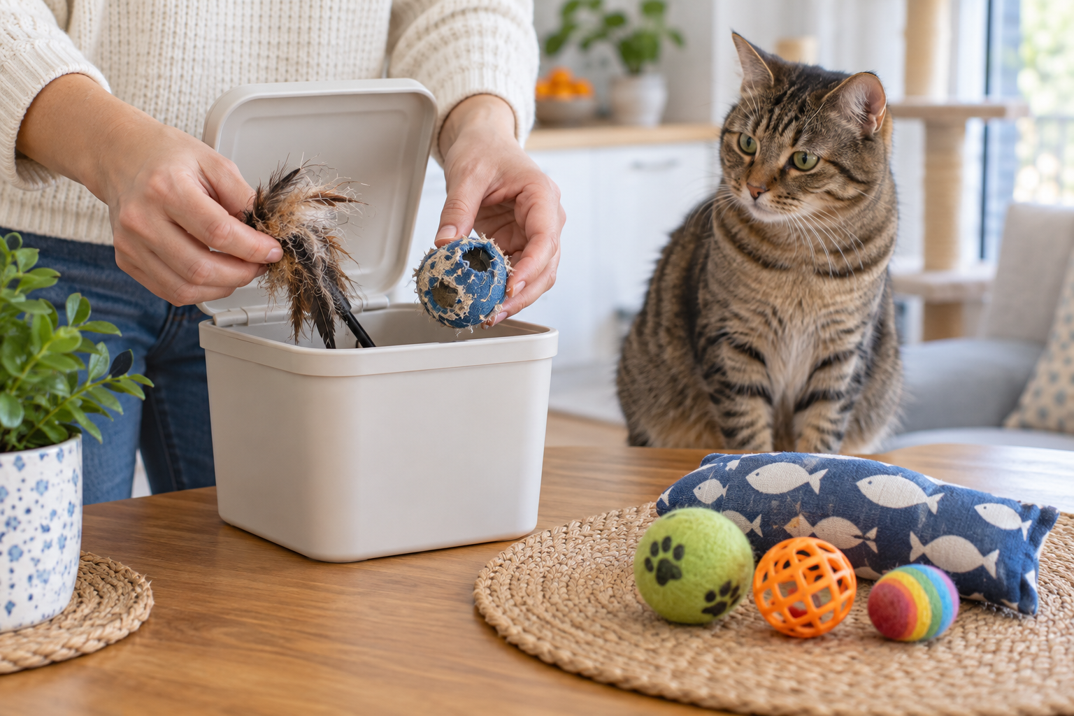 Caregiver placing damaged cat toys into a closed container while clean replacement toys stay on the table.