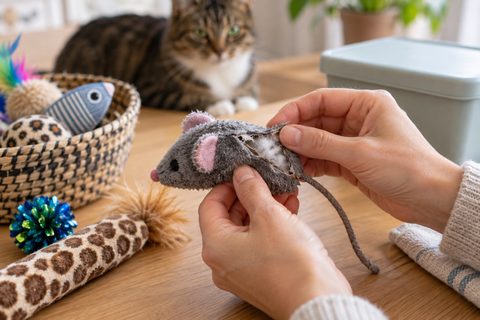 Caregiver checking a frayed seam on a plush mouse toy while a cat watches from the background.