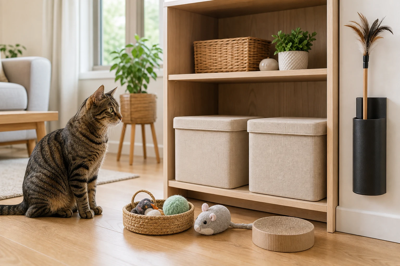 Tabby cat sitting beside lidded cat toy storage bins and a wall-mounted wand holder in a tidy living room.