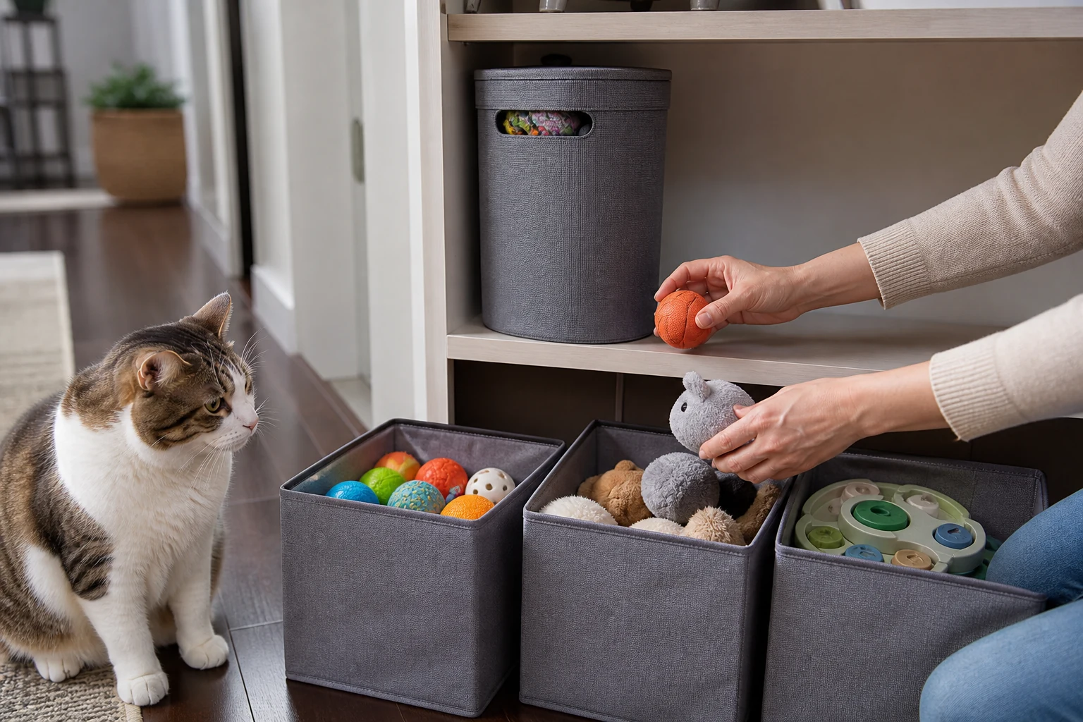 Cat watching while a caregiver sorts balls, plush toys, and puzzle feeder parts into separate fabric bins.