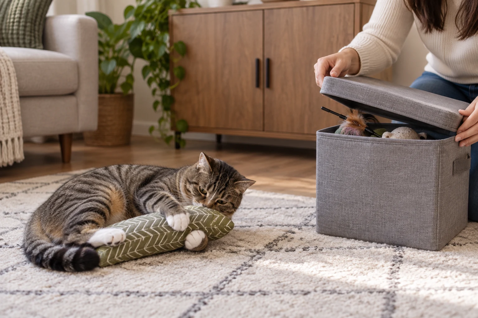 Cat holding a large kicker toy while a caregiver closes a lidded storage bin with wand and string toys inside.