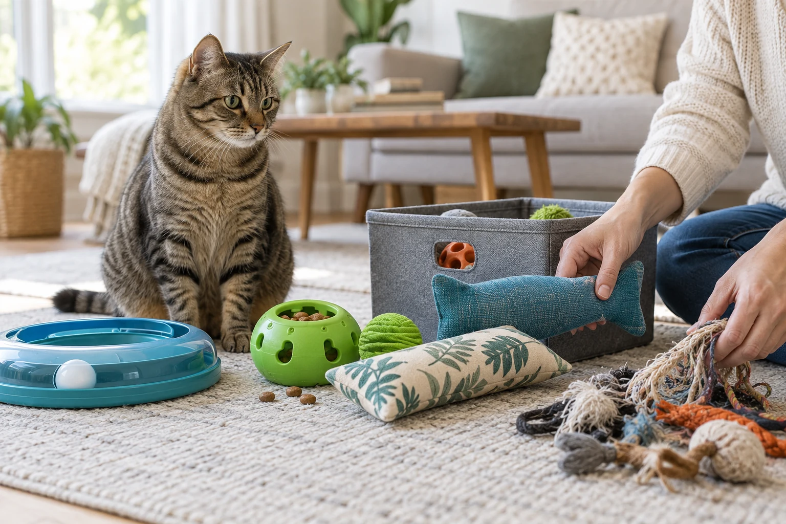 Tabby cat watching while a caregiver sorts sturdy cat toys away from stringy worn toys in a bright living room.