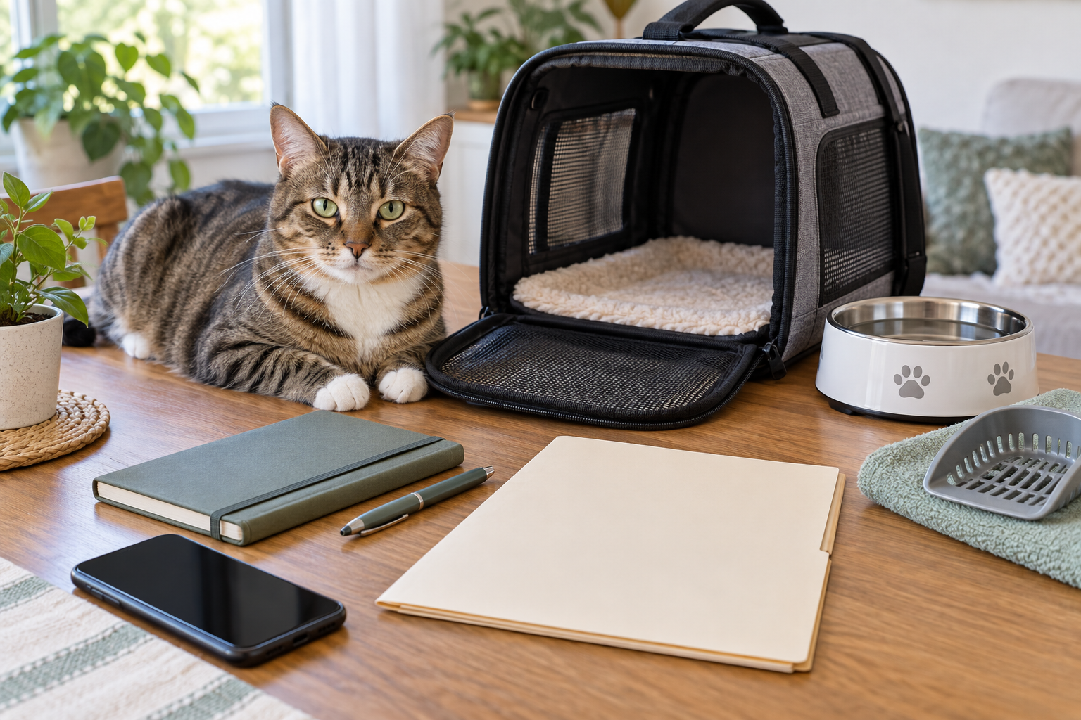 Relaxed tabby cat beside an open carrier, water bowl, blank folder, notebook, phone, pen, and clean litter scoop before a urinary recheck visit.