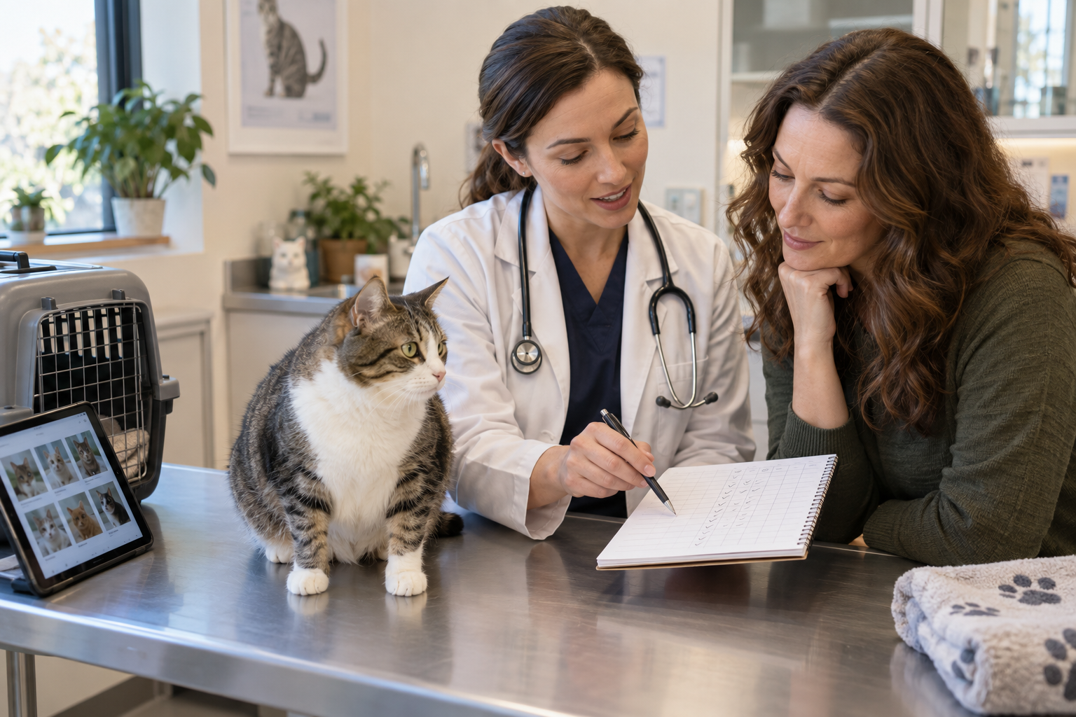 Veterinarian reviewing a home urination tracking notebook with a cat parent while a calm cat sits on the exam table.
