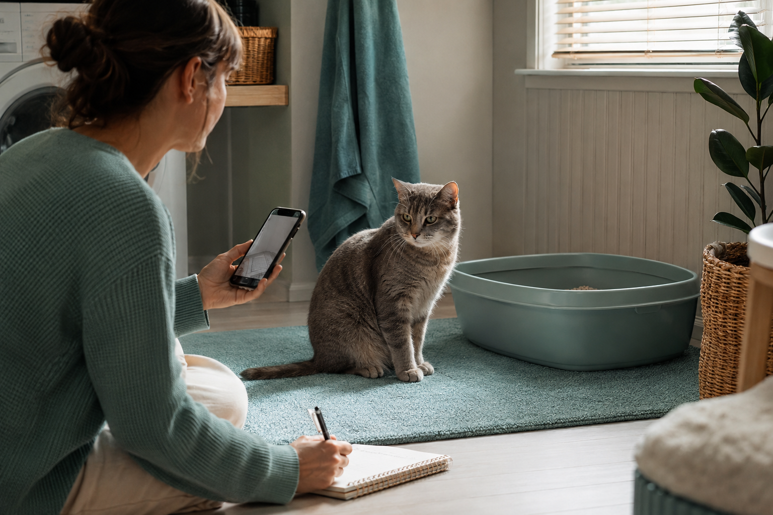Calm gray cat beside a clean litter box while a cat parent records urinary observations with a notebook and phone.