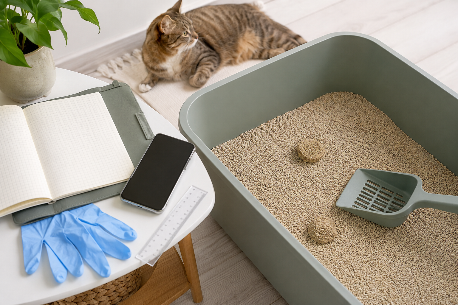 Clean litter box tracking setup with a scoop, ruler, phone, gloves, notebook, and relaxed cat nearby.