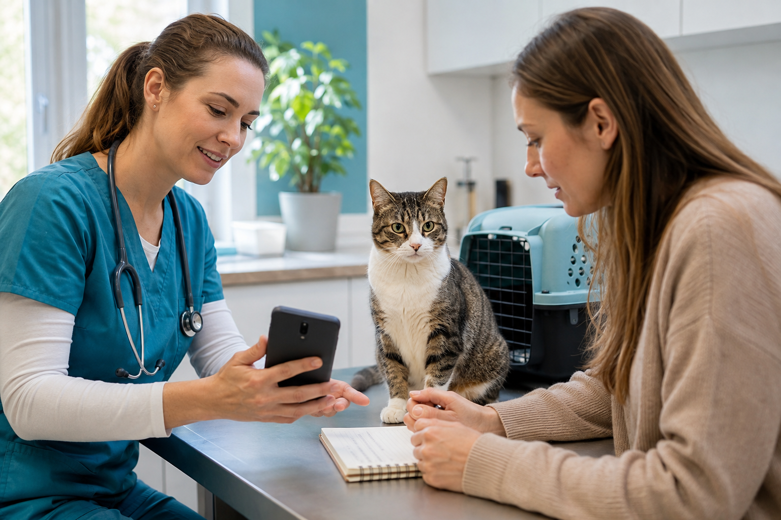 Veterinarian reviewing a phone photo log with a cat parent while an alert cat sits calmly near a carrier.