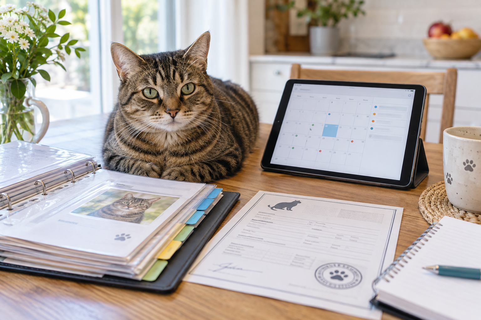 A calm tabby cat beside an organized vaccine record folder, a generic calendar reminder, and a printed veterinary certificate.