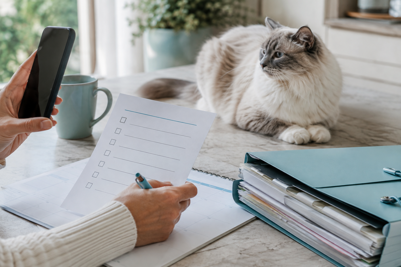A cat parent reviewing a blank vaccine checklist while calling an old veterinary clinic about missing dates.