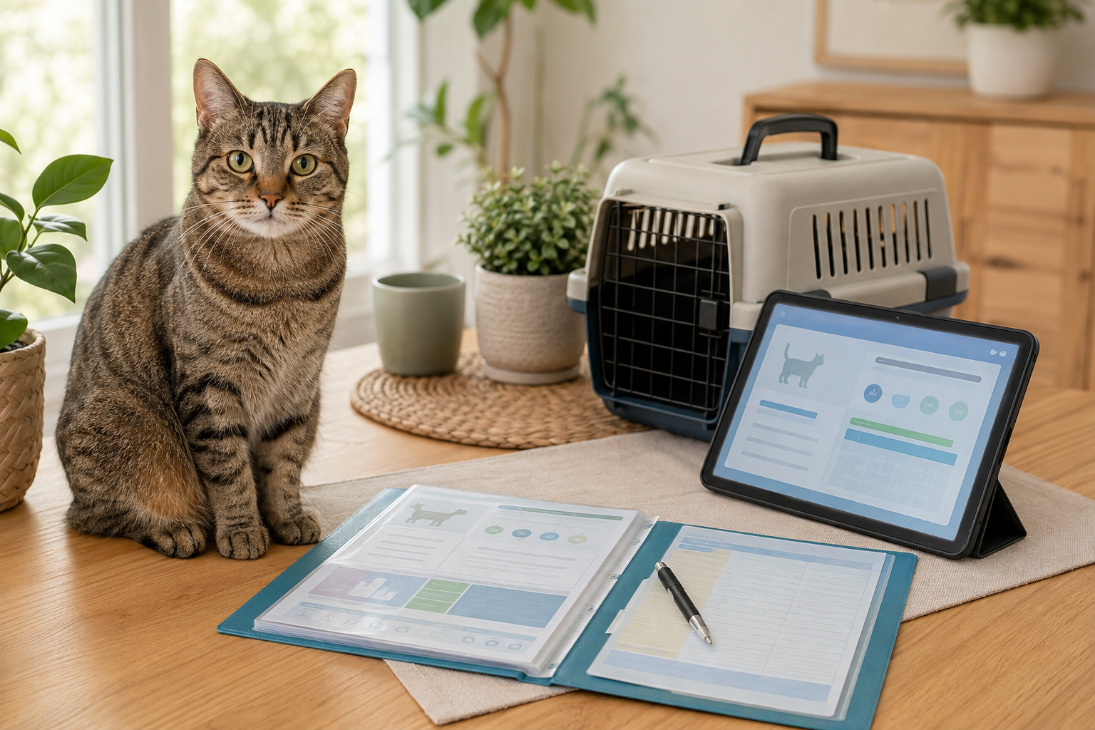 A calm tabby cat beside a pet carrier, tablet, and organized vaccination record folder for a new veterinary visit.