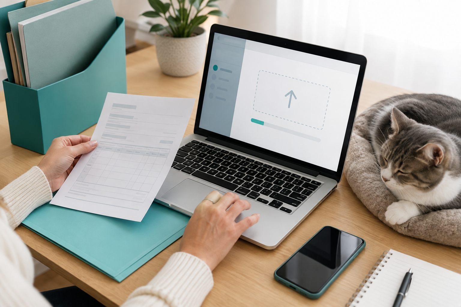 A cat parent uploading a scanned vaccination record through a generic pet portal while a relaxed cat rests nearby.
