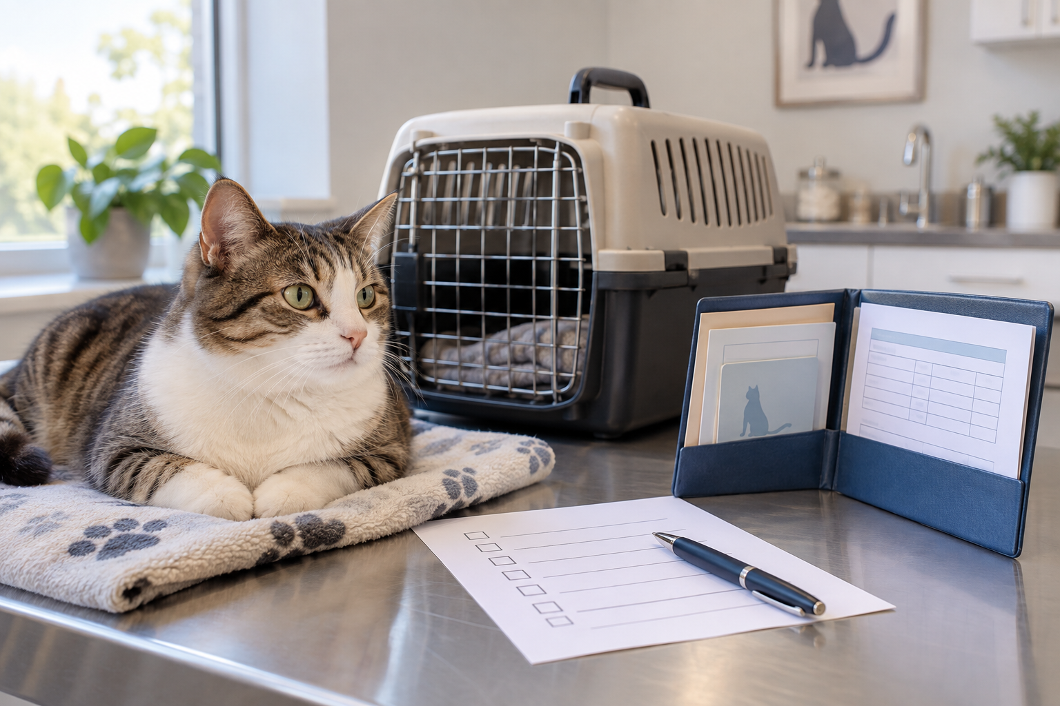 A relaxed cat beside a carrier, organized vaccine records, and a question checklist for a veterinary review.