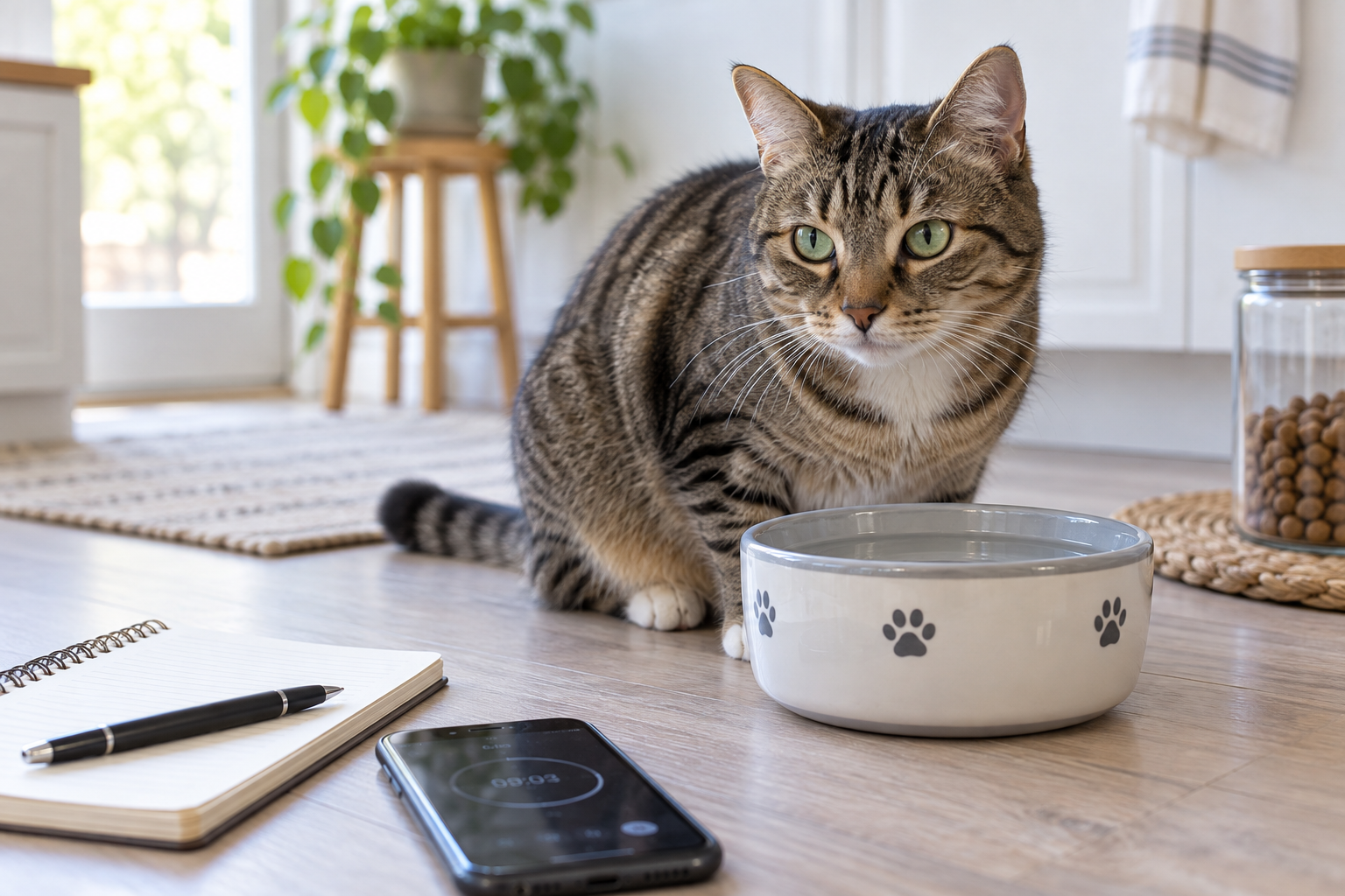 Alert tabby cat beside a fresh water bowl while a notebook, pen, and phone timer help track drinking and vomiting timing.