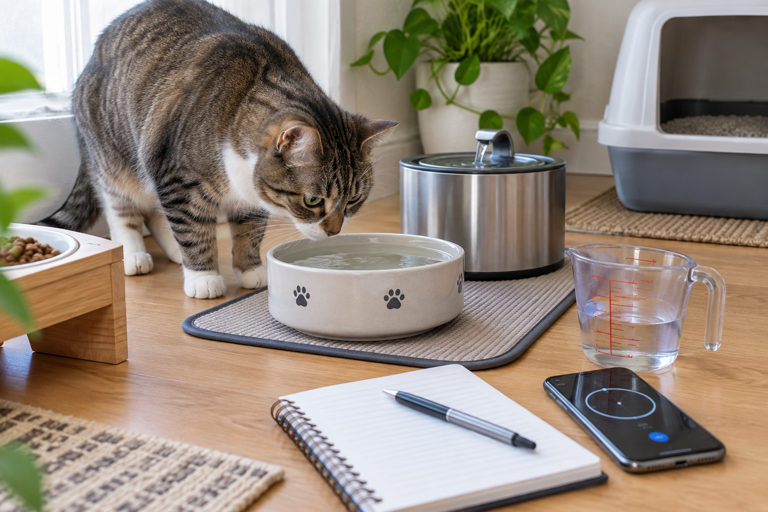 Cat near a water bowl, pet fountain, measuring cup, notebook, pen, and phone timer for tracking drinking and vomiting patterns.