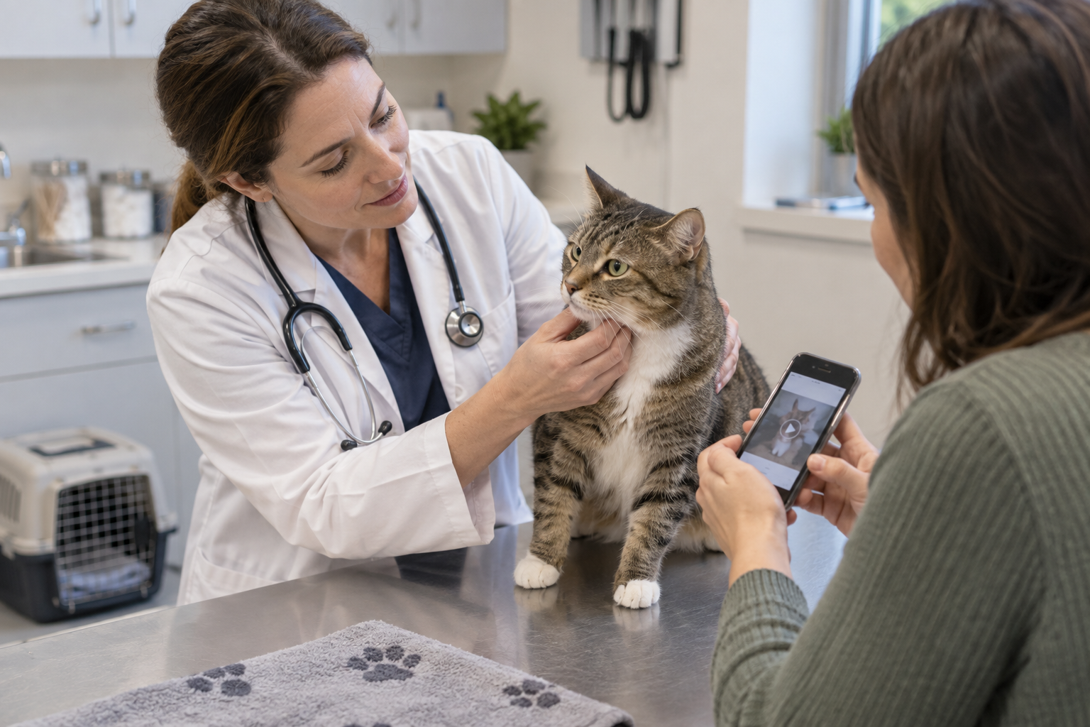 Veterinarian gently examining an alert tabby cat while the cat parent shows a phone video beside a carrier.
