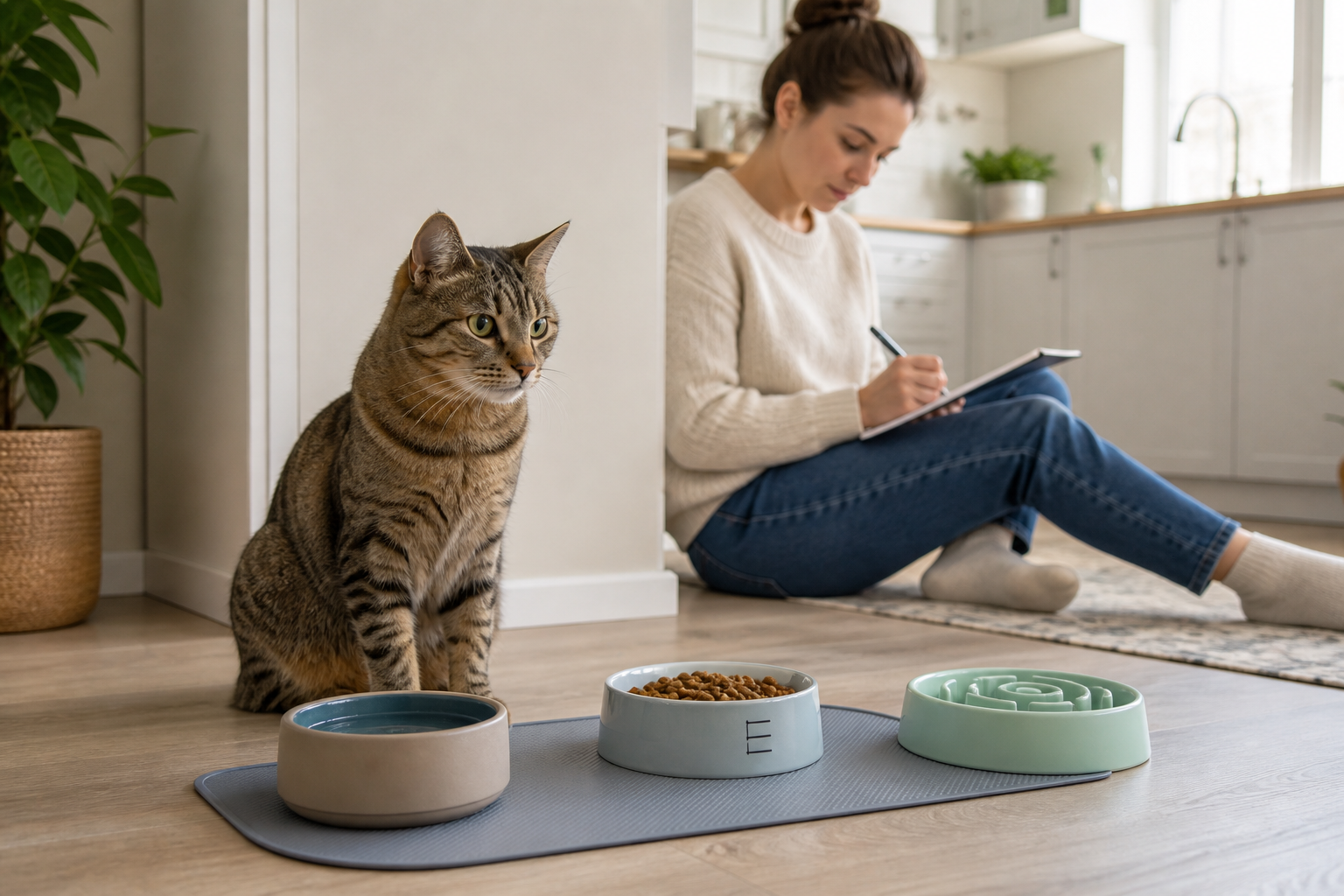Alert tabby cat beside measured food, water, and a slow-feeder bowl while a cat parent calmly records meal notes.