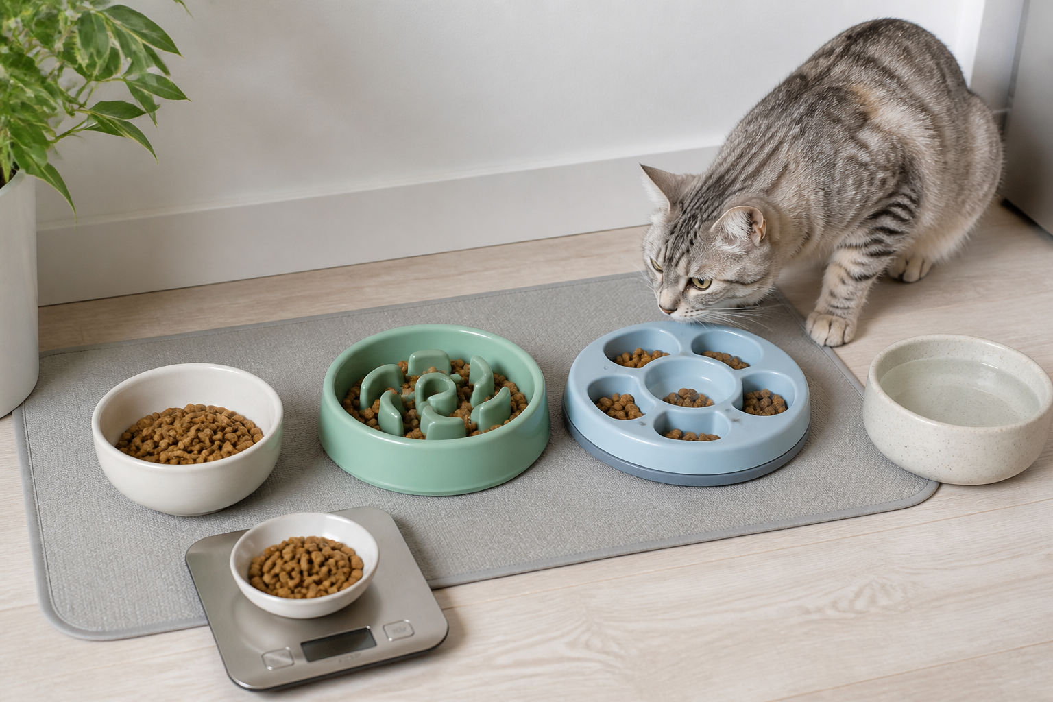 Cat feeding station with regular bowl, slow feeder, puzzle feeder, water bowl, and measured food portion.