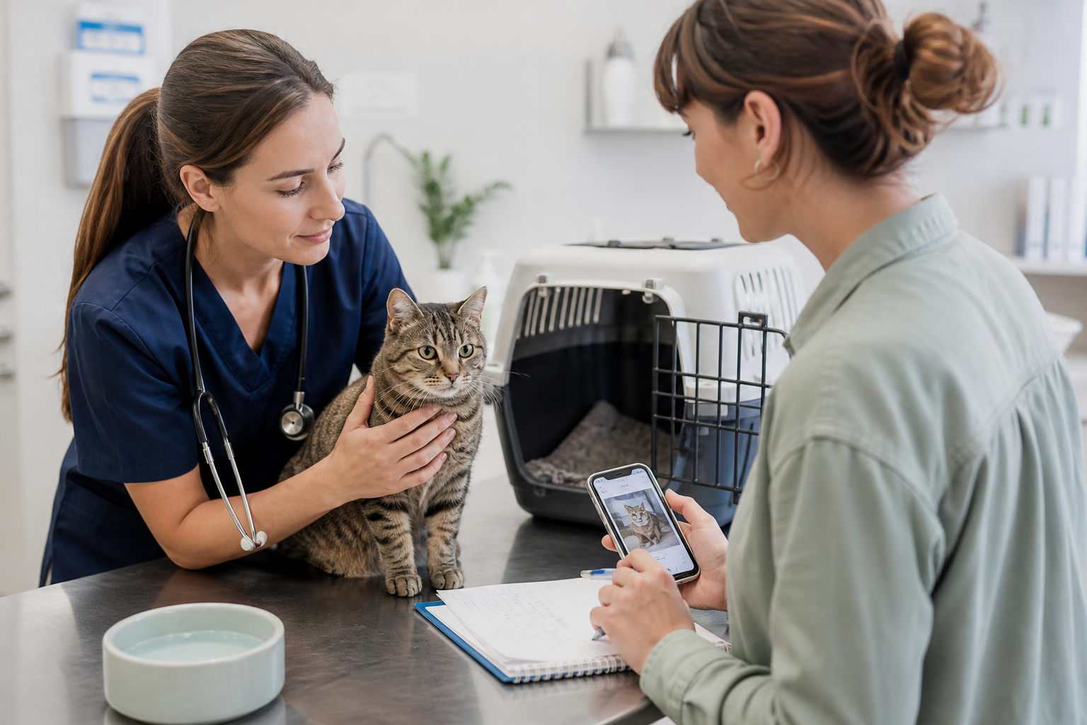 Veterinarian gently examining an alert cat while a cat parent shares meal notes and a phone video.