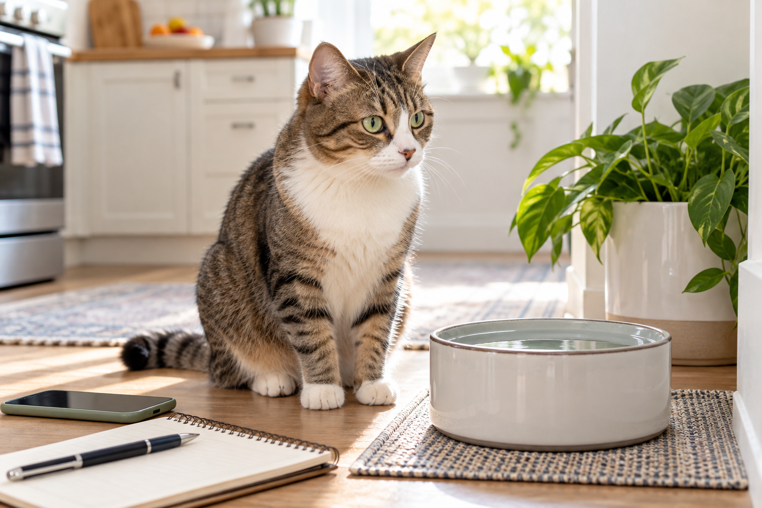 Alert tabby cat sitting beside a full water bowl, phone, notebook, and pen for tracking vomiting and water intake.