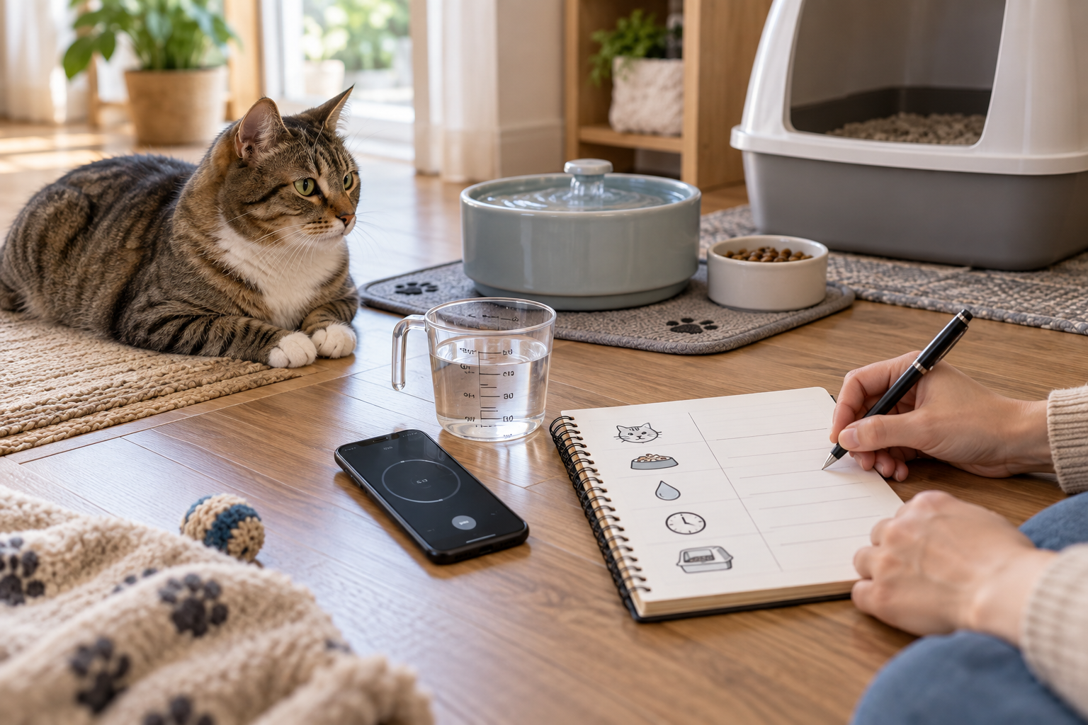 Cat resting near a water fountain, measuring cup, phone timer, notebook, food bowl, and litter box area while a cat parent writes notes.