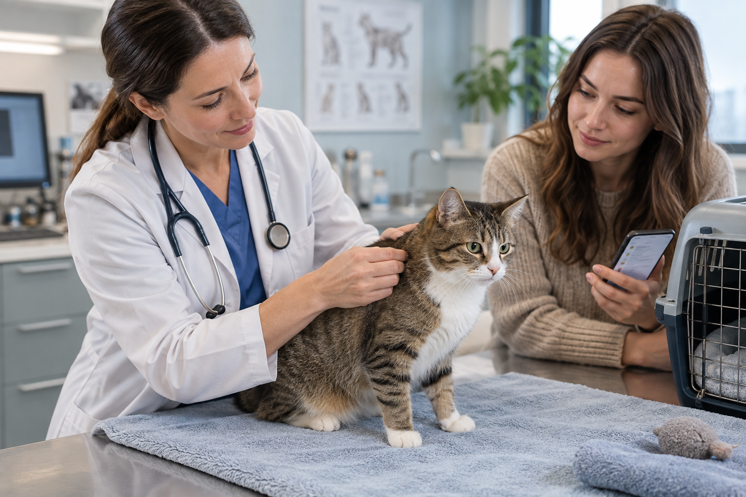 Veterinarian gently examining an alert tabby cat while the cat parent shares symptom notes beside a carrier.