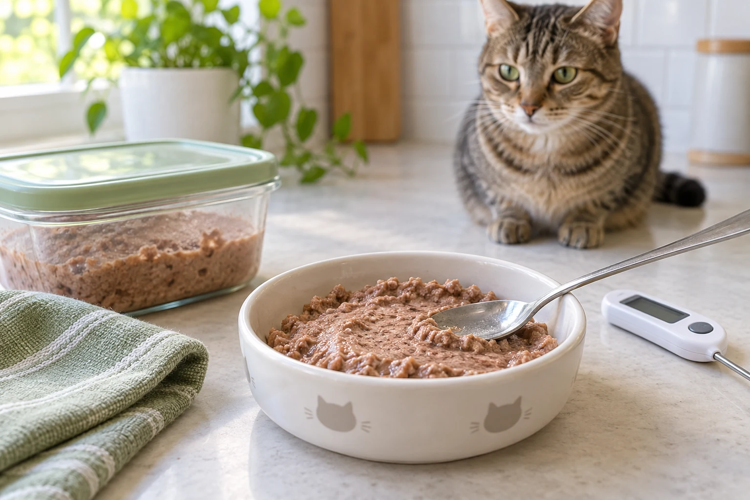 Thawed wet cat food smoothed in a ceramic bowl with a covered container, spoon, thermometer, and tabby cat waiting in the background.