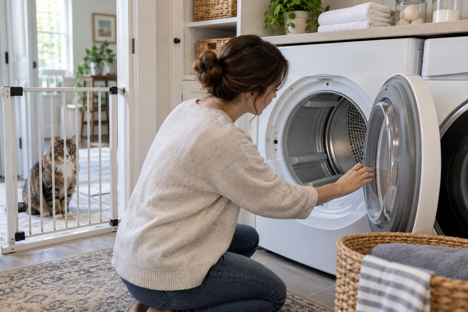 Caregiver checking an empty dryer drum while a cat waits safely behind a pet gate outside the laundry area