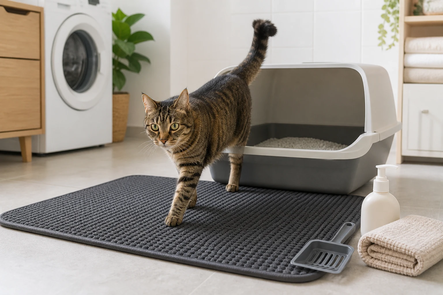 A tabby cat steps from a clean litter box onto a large washable litter mat with a scoop, towel, and mild soap nearby.