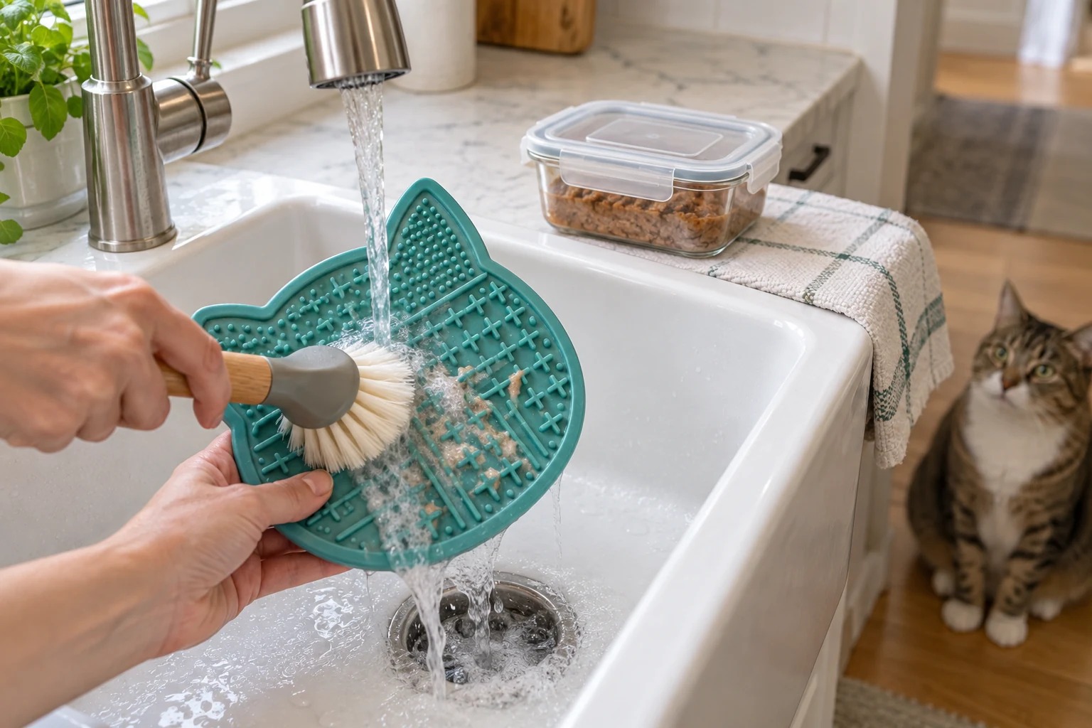 Silicone cat lick mat being scrubbed under running water with a covered wet food container on the counter.