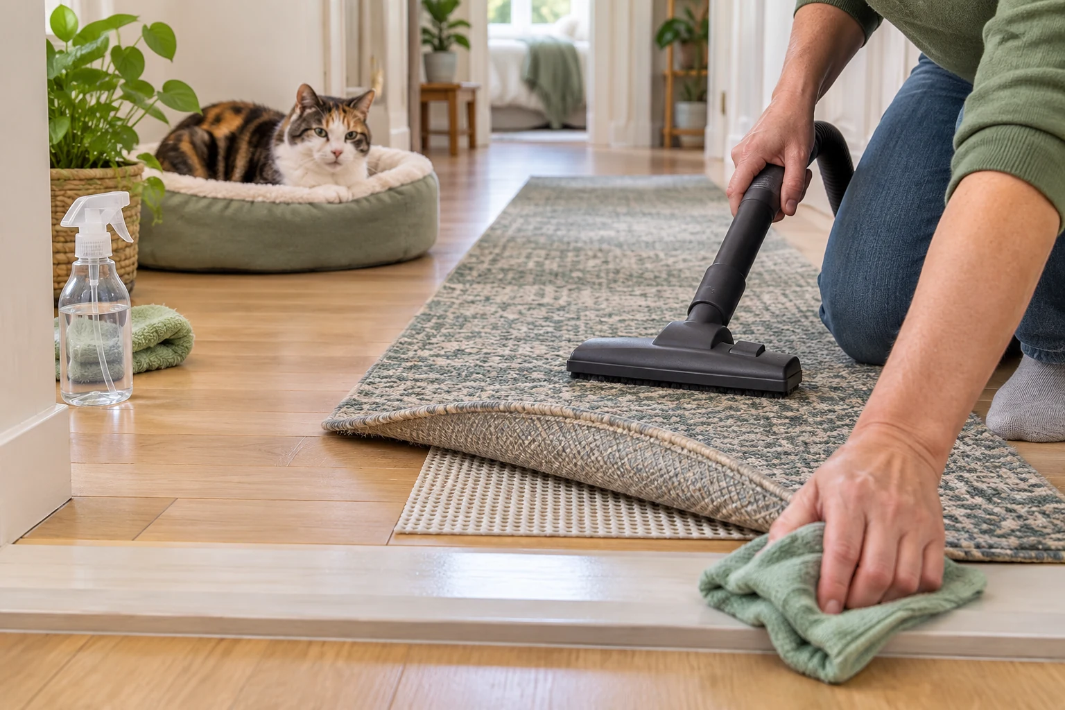 Caregiver vacuuming a flat rug runner and wiping a low threshold while a senior calico cat rests safely away from the cleaning area.