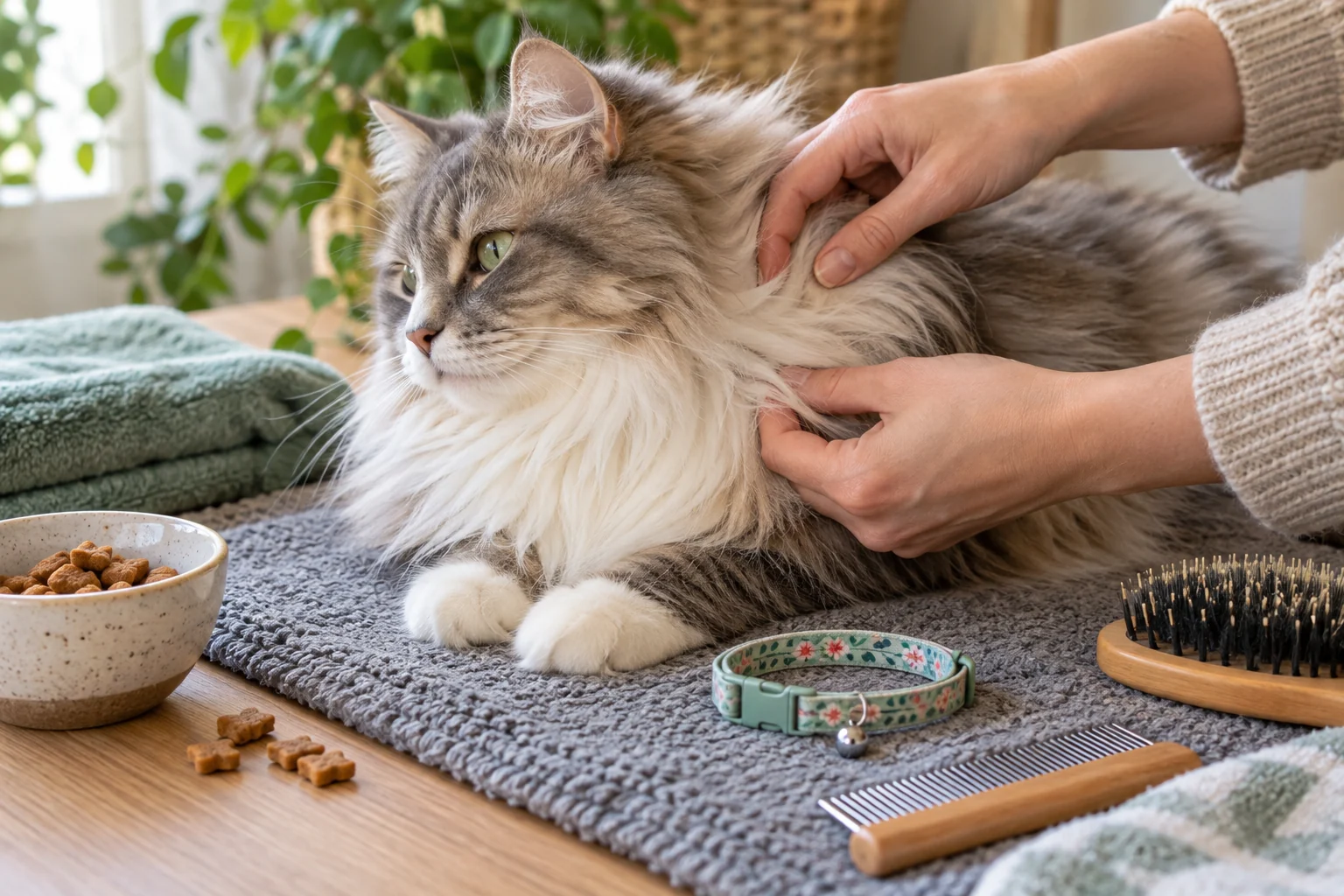 A relaxed longhaired cat rests beside a removed breakaway collar while a person checks the neck ruff for flattened fur and tangles.