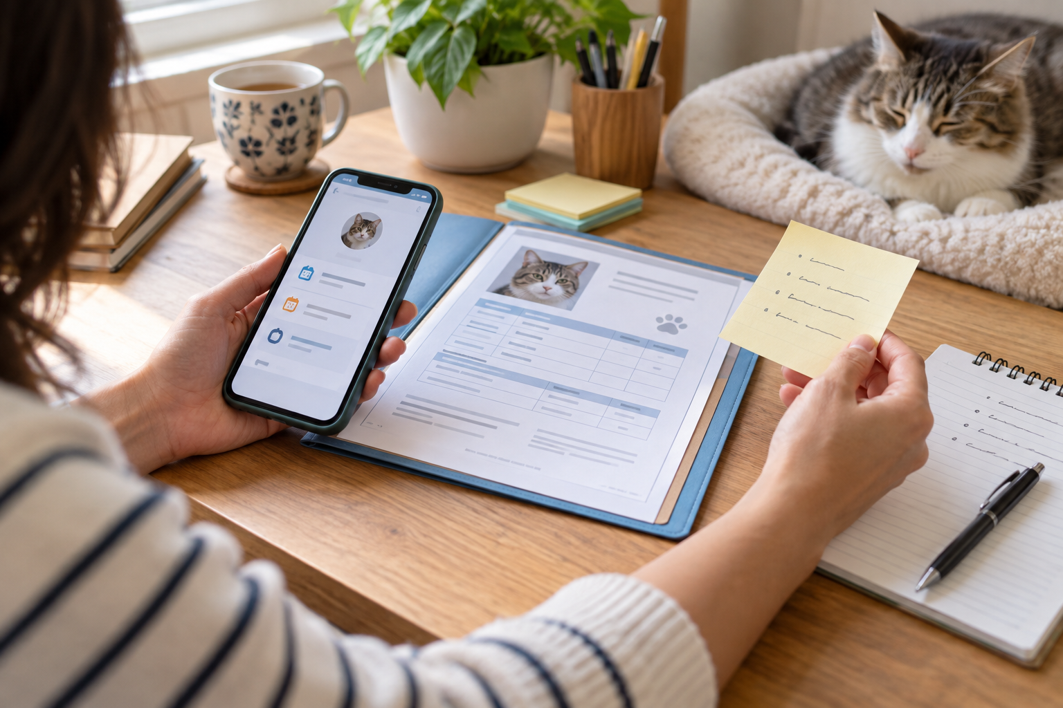 A cat parent comparing a phone portal reminder, a paper vaccine record, and a handwritten note while a relaxed cat rests nearby.