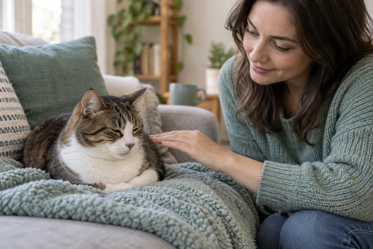 Cat parent pausing before touching a sleepy cat