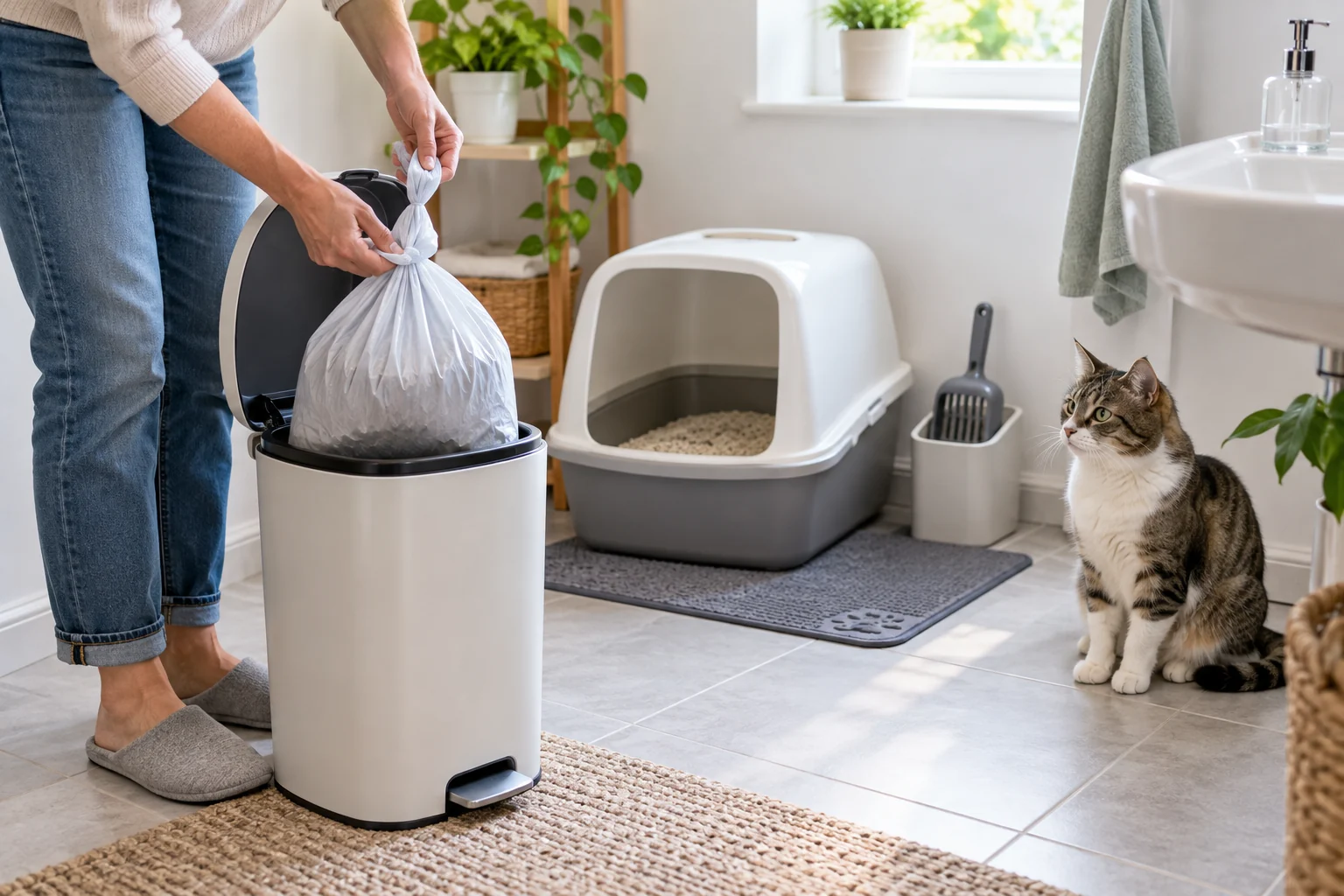 Caregiver tying a cat litter waste bin liner in a clean bathroom while a relaxed tabby cat watches nearby.
