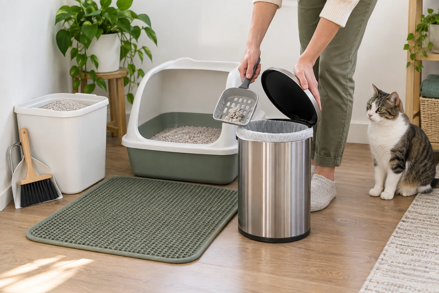 Caregiver scoops an open cat litter box into a sealed waste pail beside a washable litter mat while a cat watches calmly.