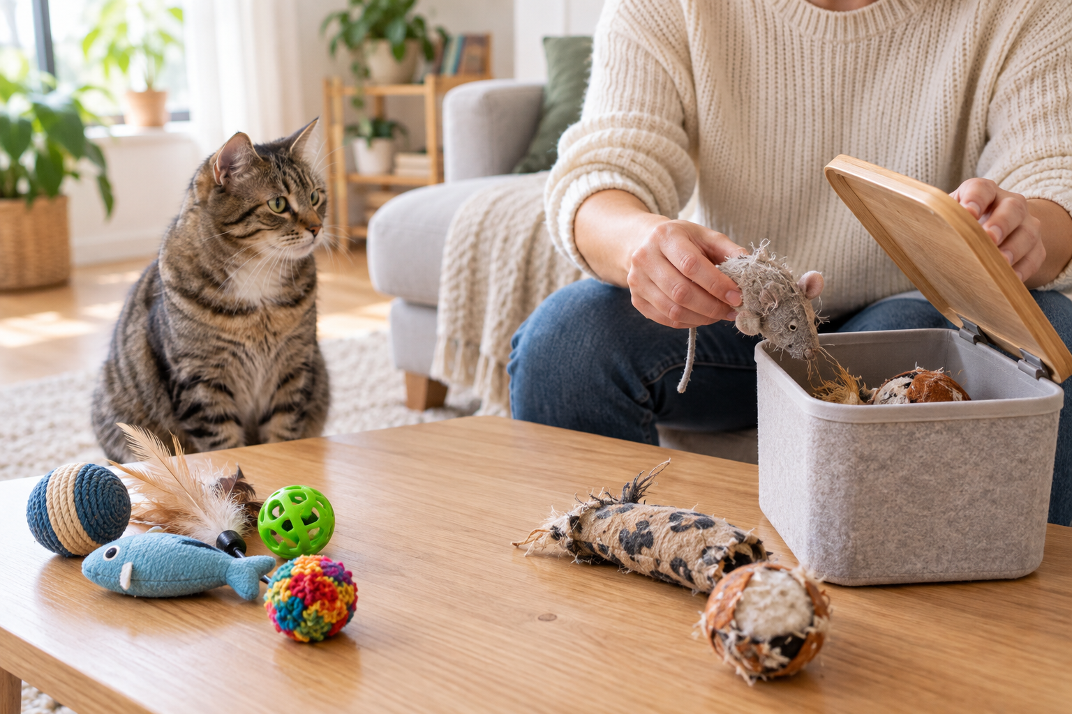 Tabby cat watching from a safe distance while a caregiver sorts damaged cat toys into a lidded bin.